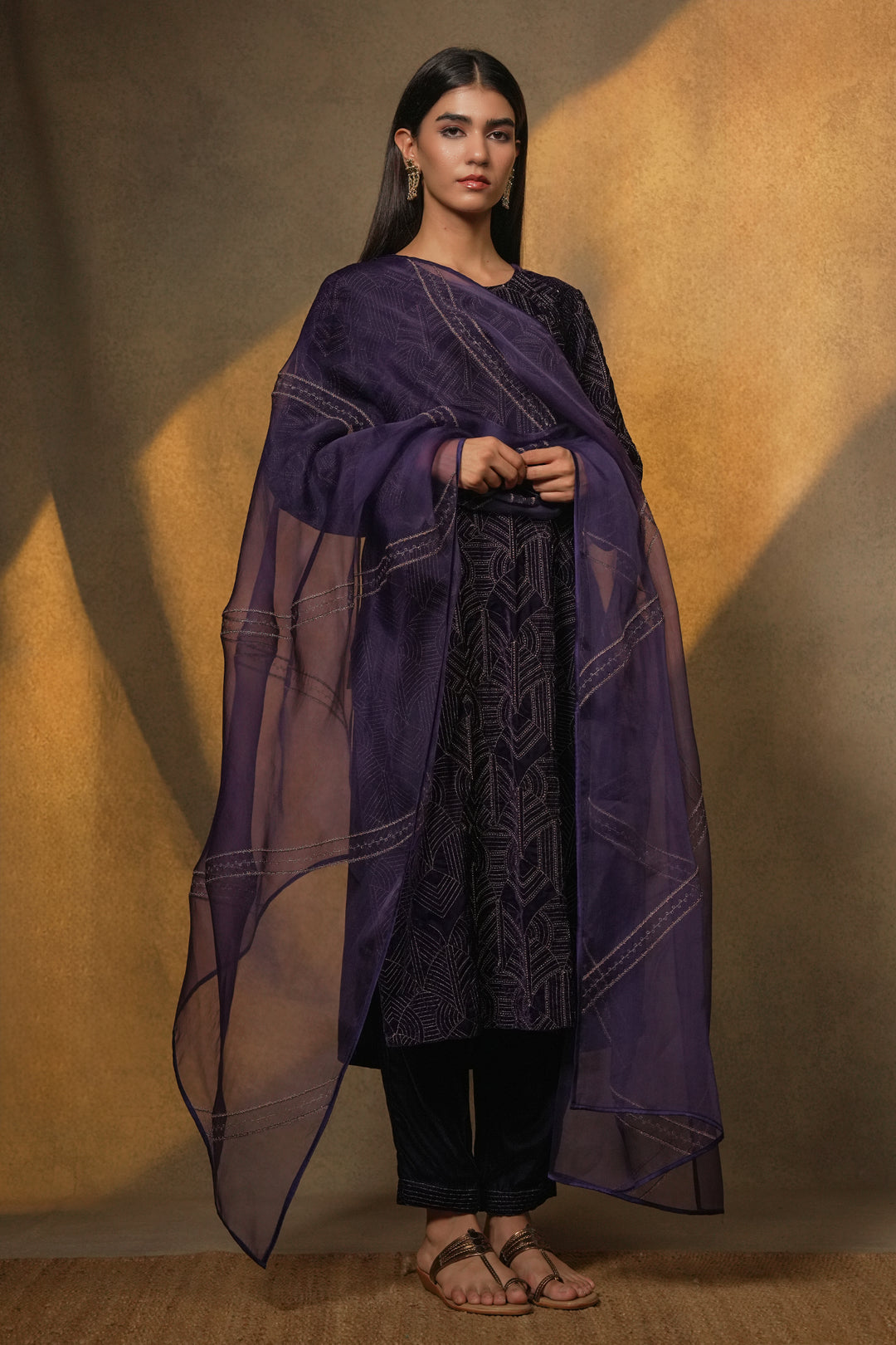 Purple Hand Embroidered Organza Dupatta