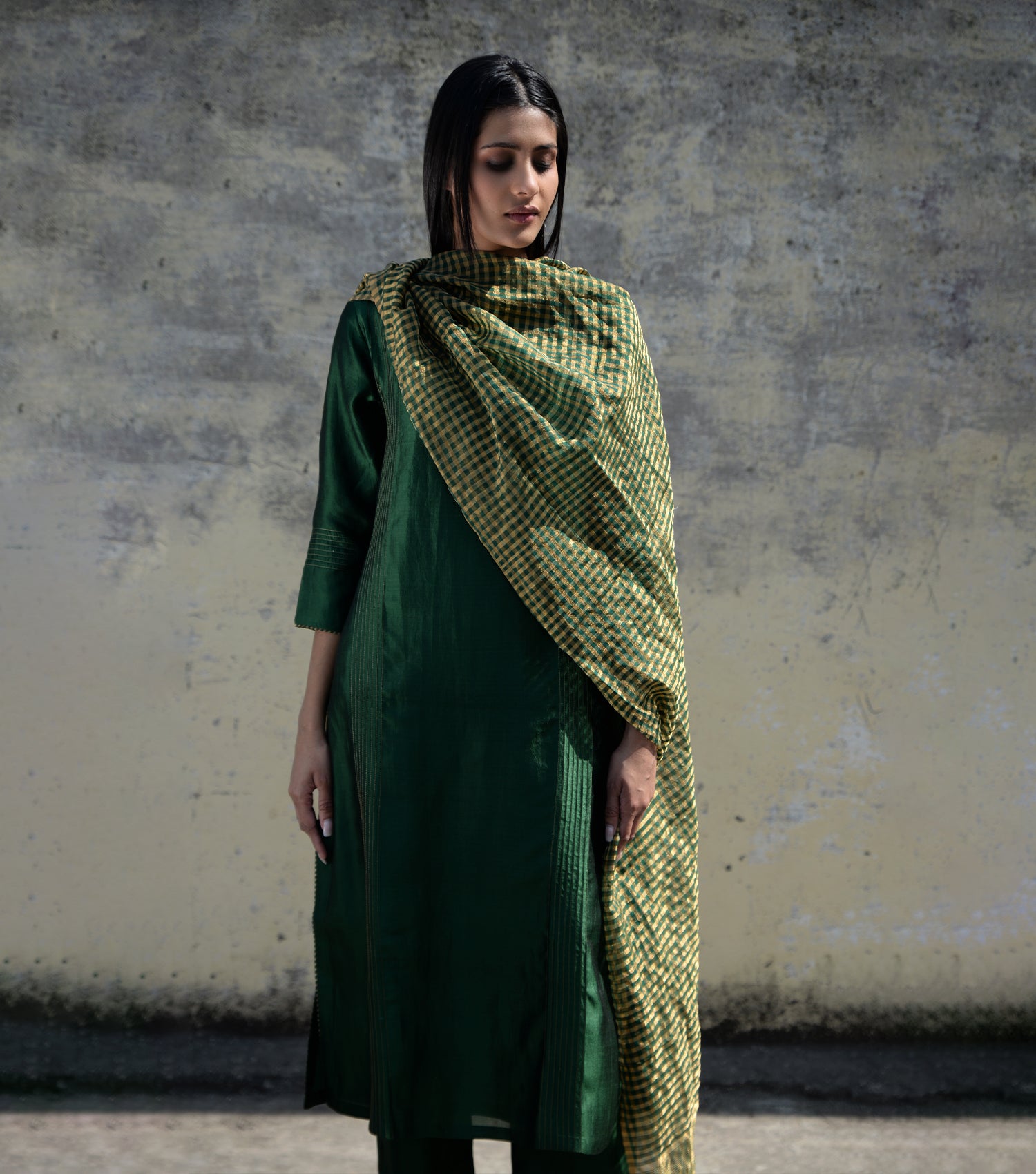 Green Self Design Art Silk Suit Set