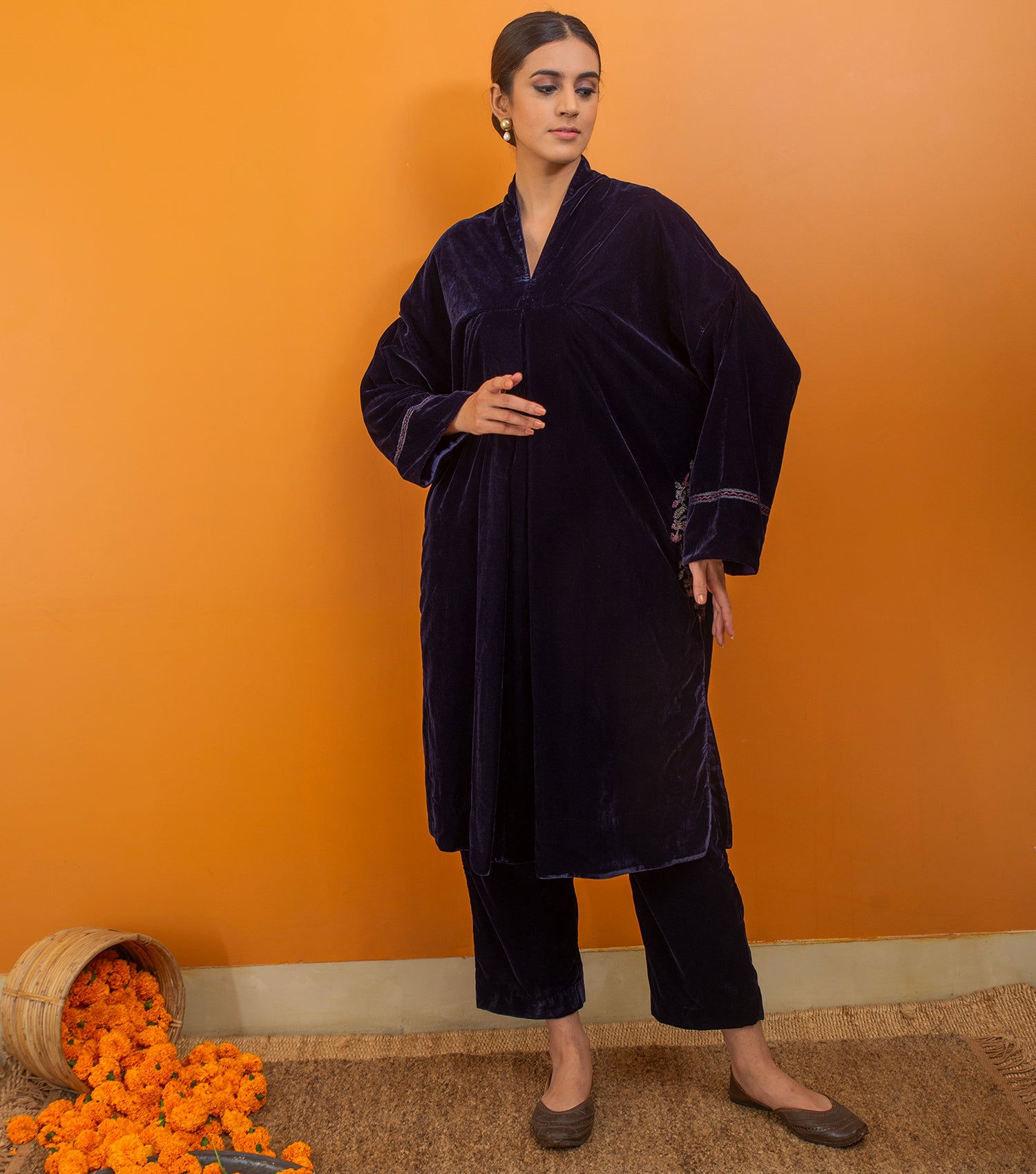 Navy Blue Dahlia Print  Kurta with Embroidery Details