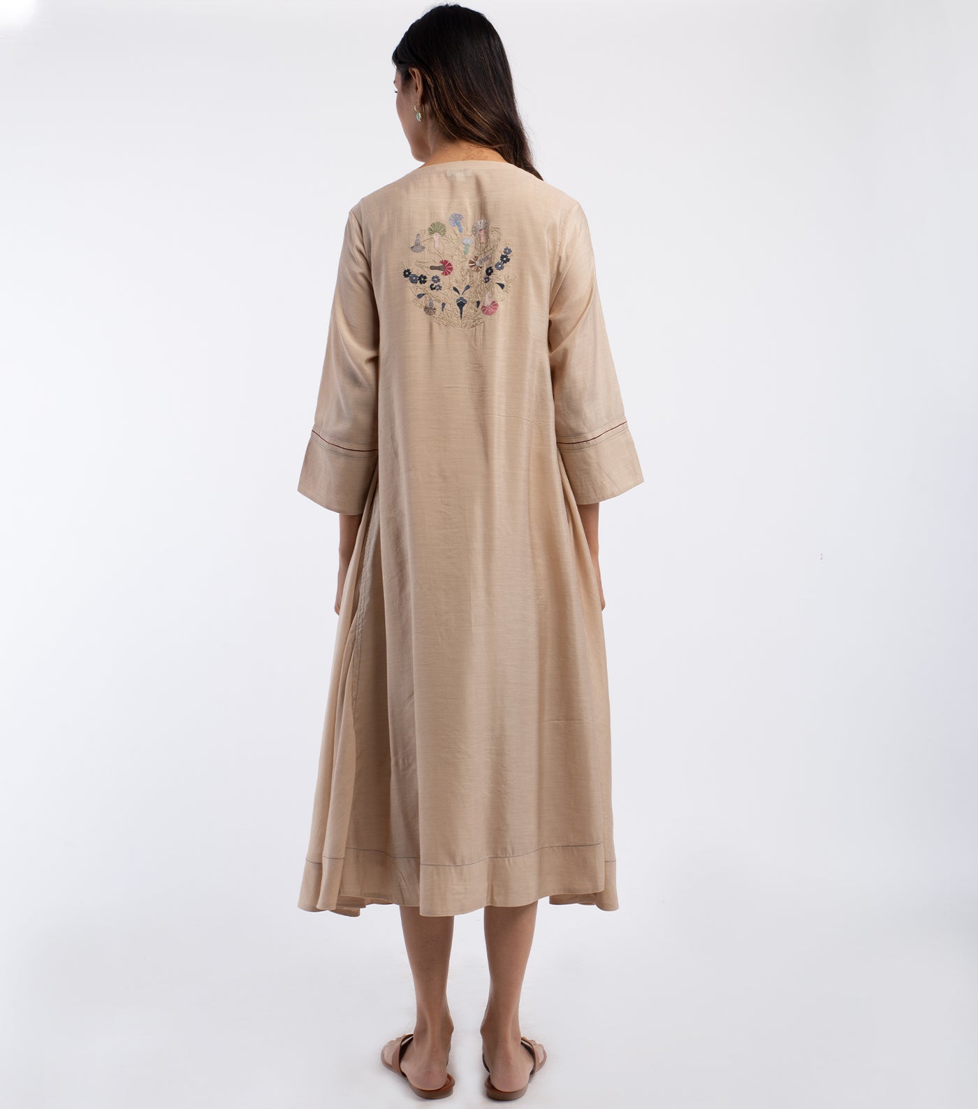 Beige Embroidered Chanderi Dress