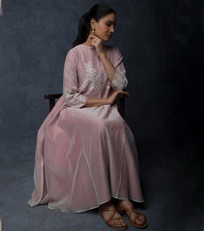 Onion Pink Embroidered Chanderi Dress