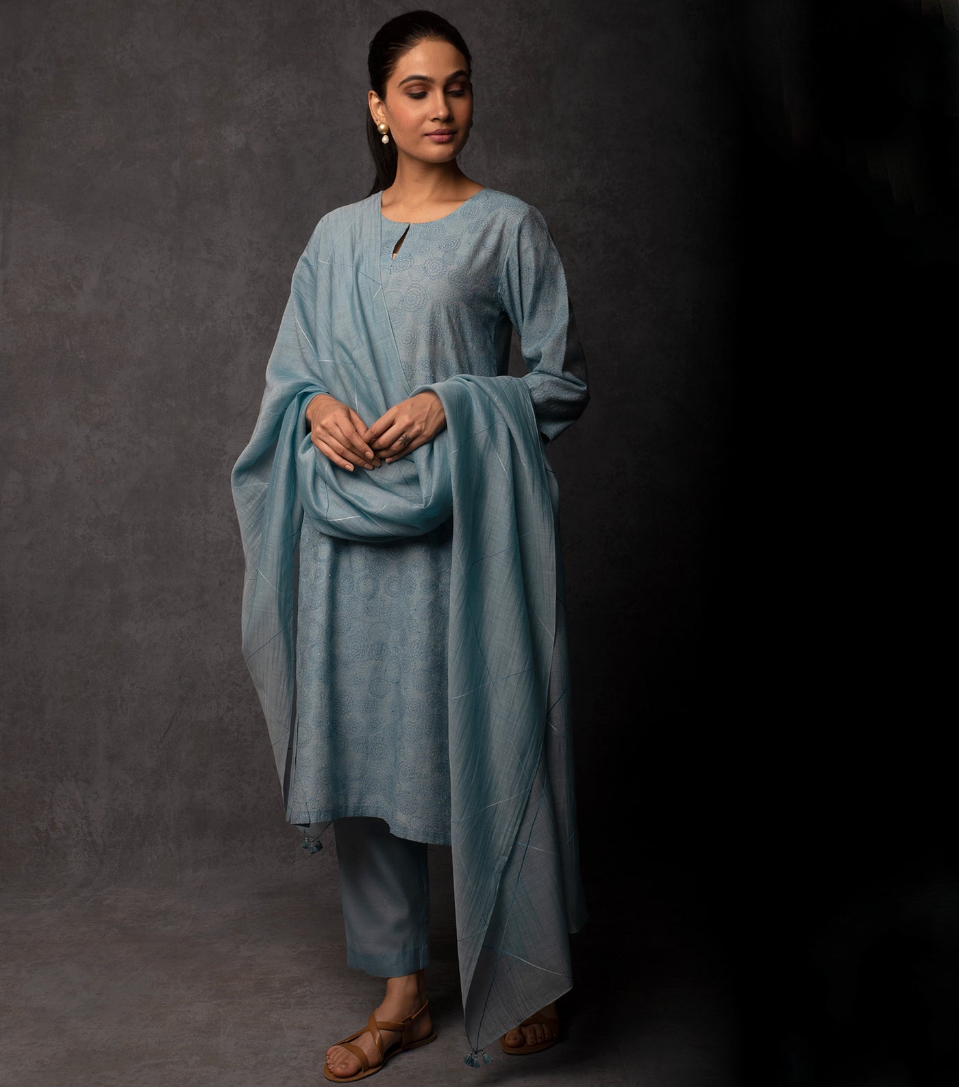 Sky Blue Thread Embroidered Chanderi Suit Set