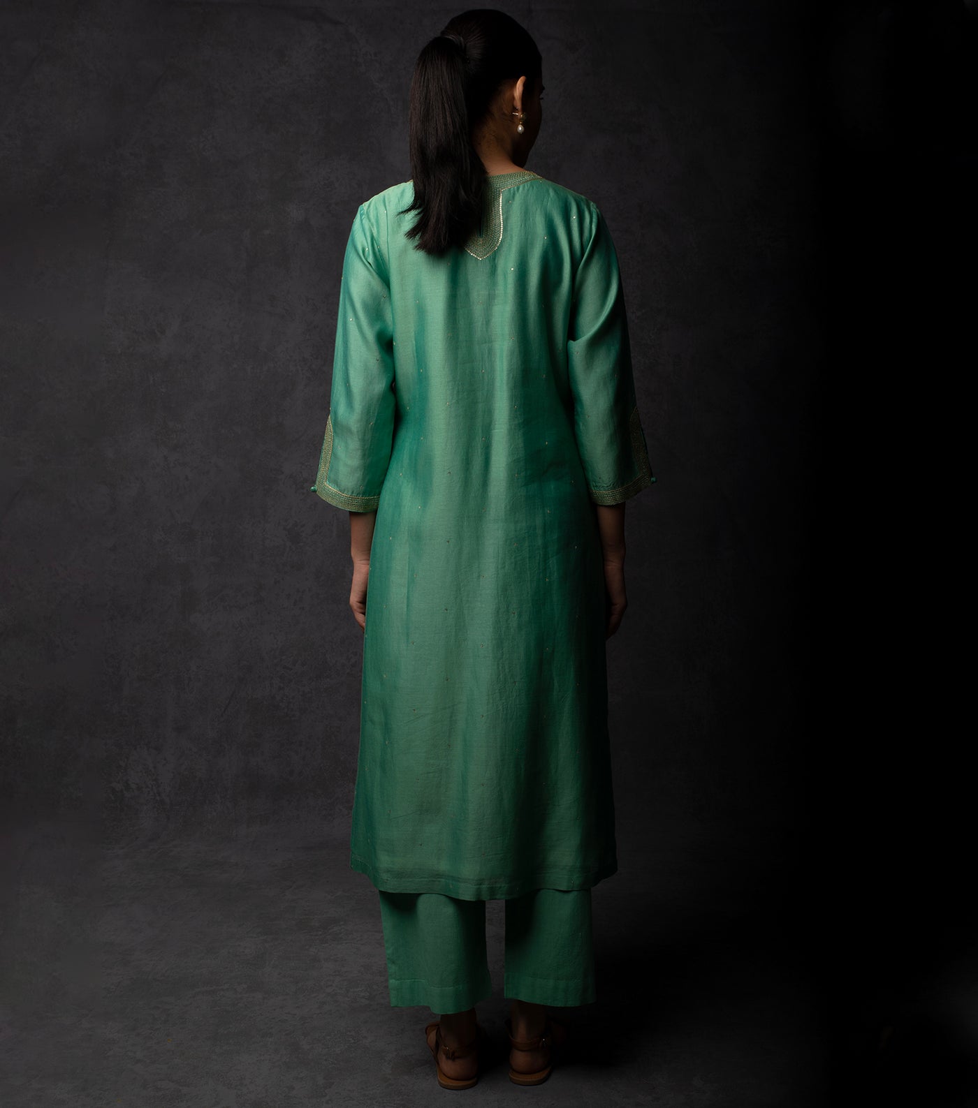 Sea Green Hand Embroidered Chanderi Suit Set