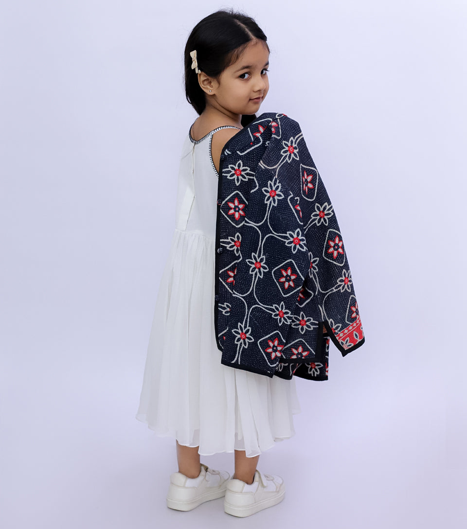 Black Vintage Cotton Kantha Jacket For Kids - Main Image