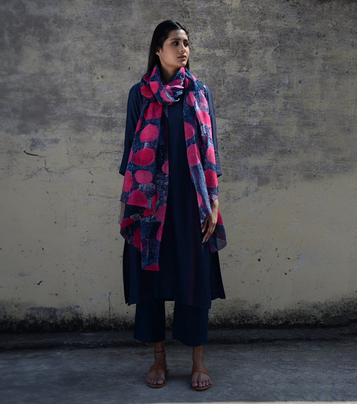 Pink & Navy Printed Organza Dupatta