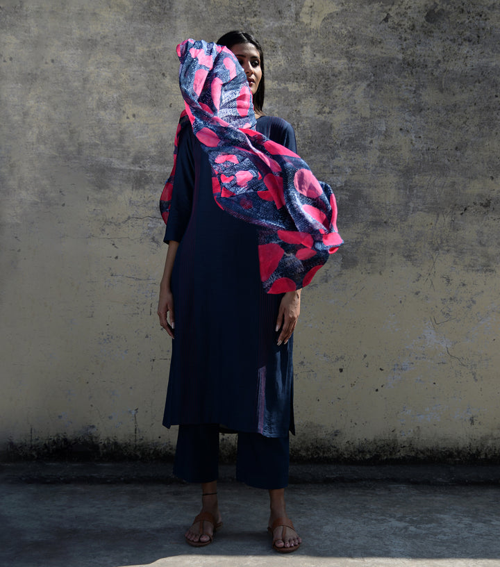 Pink & Navy Printed Organza Dupatta