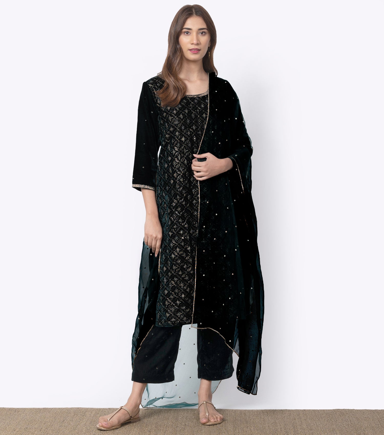 Black Velvet & Brocade Strechable Designer Indowestern Suit