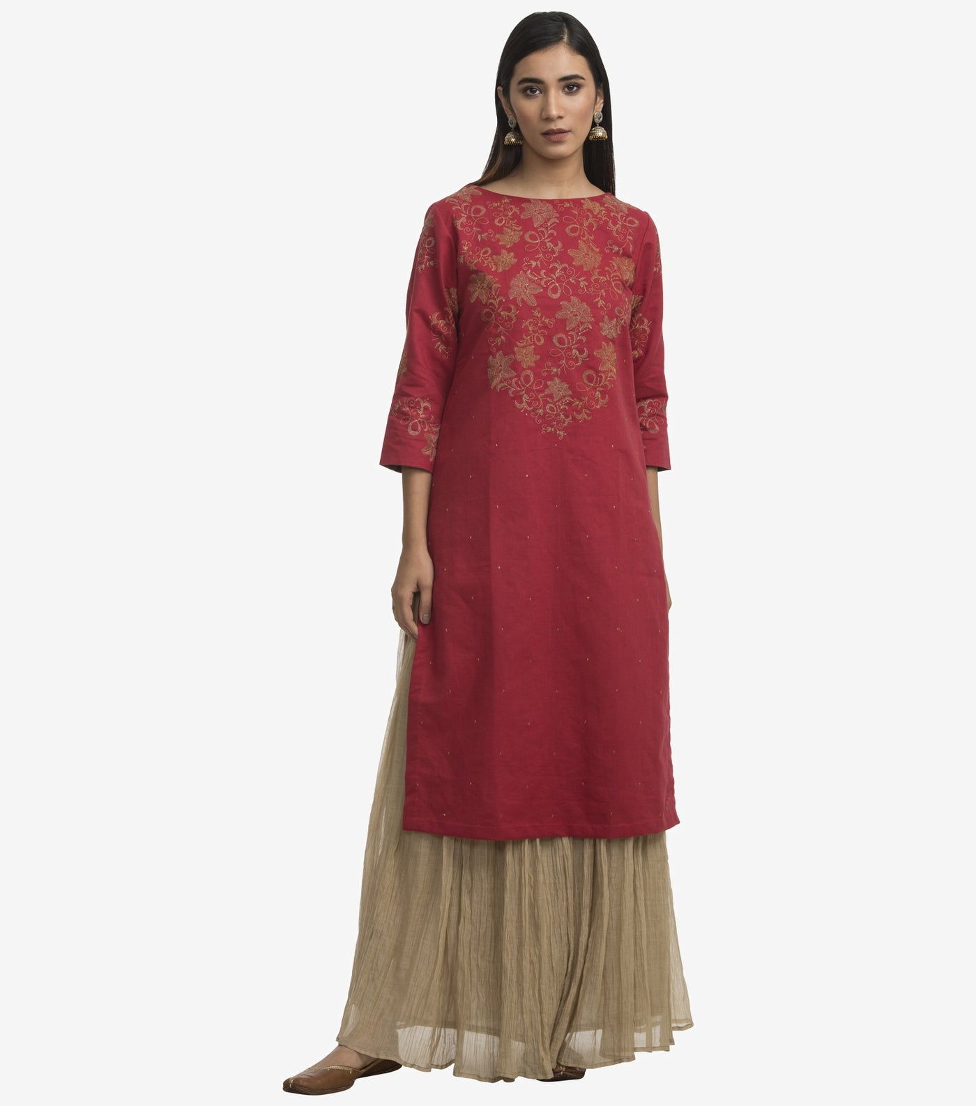 Red embroidered cotton linen kurta