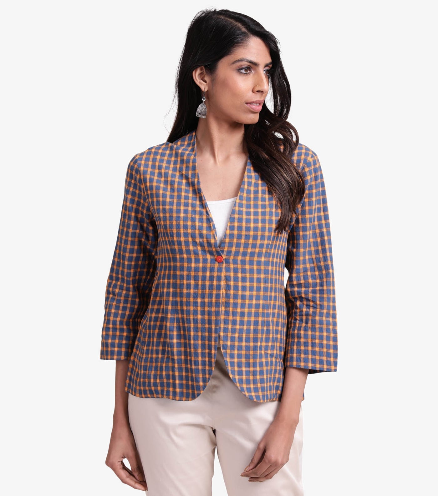 Checked cotton short jacket
