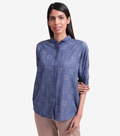 Blue khadi embroidered shirt
