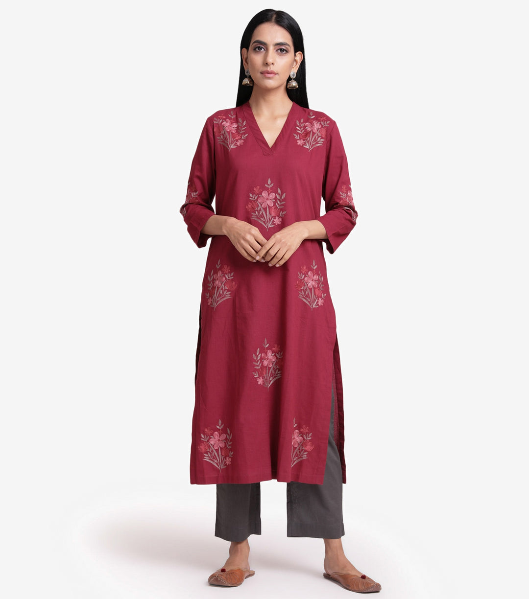 Ruby red embroidered cotton kurta & brown pants set