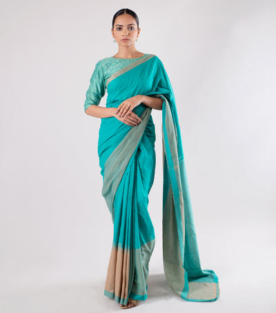 Turquoise Handwoven Linen Saree