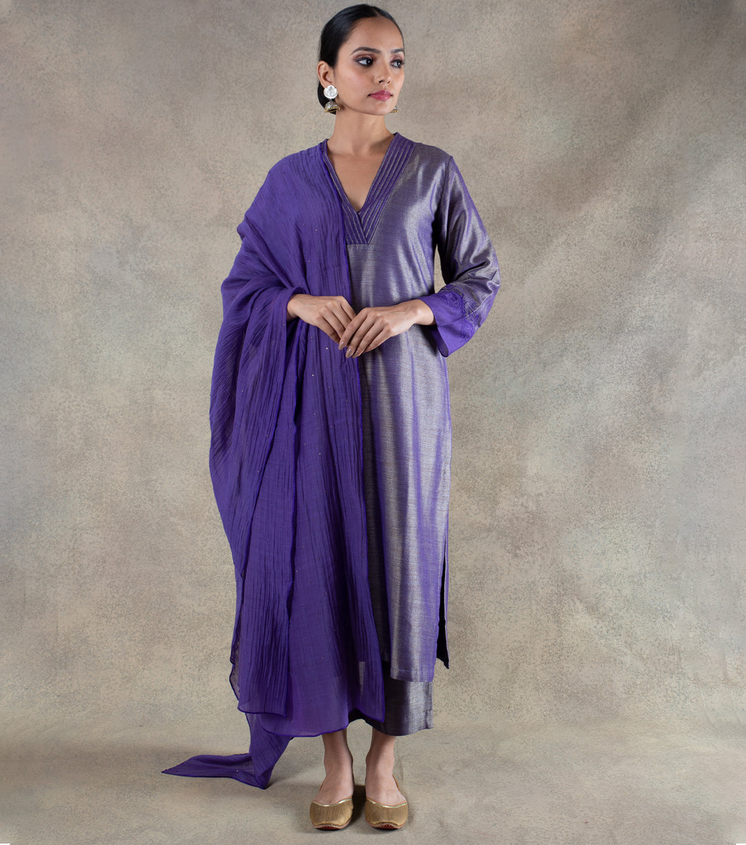 Purple Hand Embroidered Chanderi Dupatta