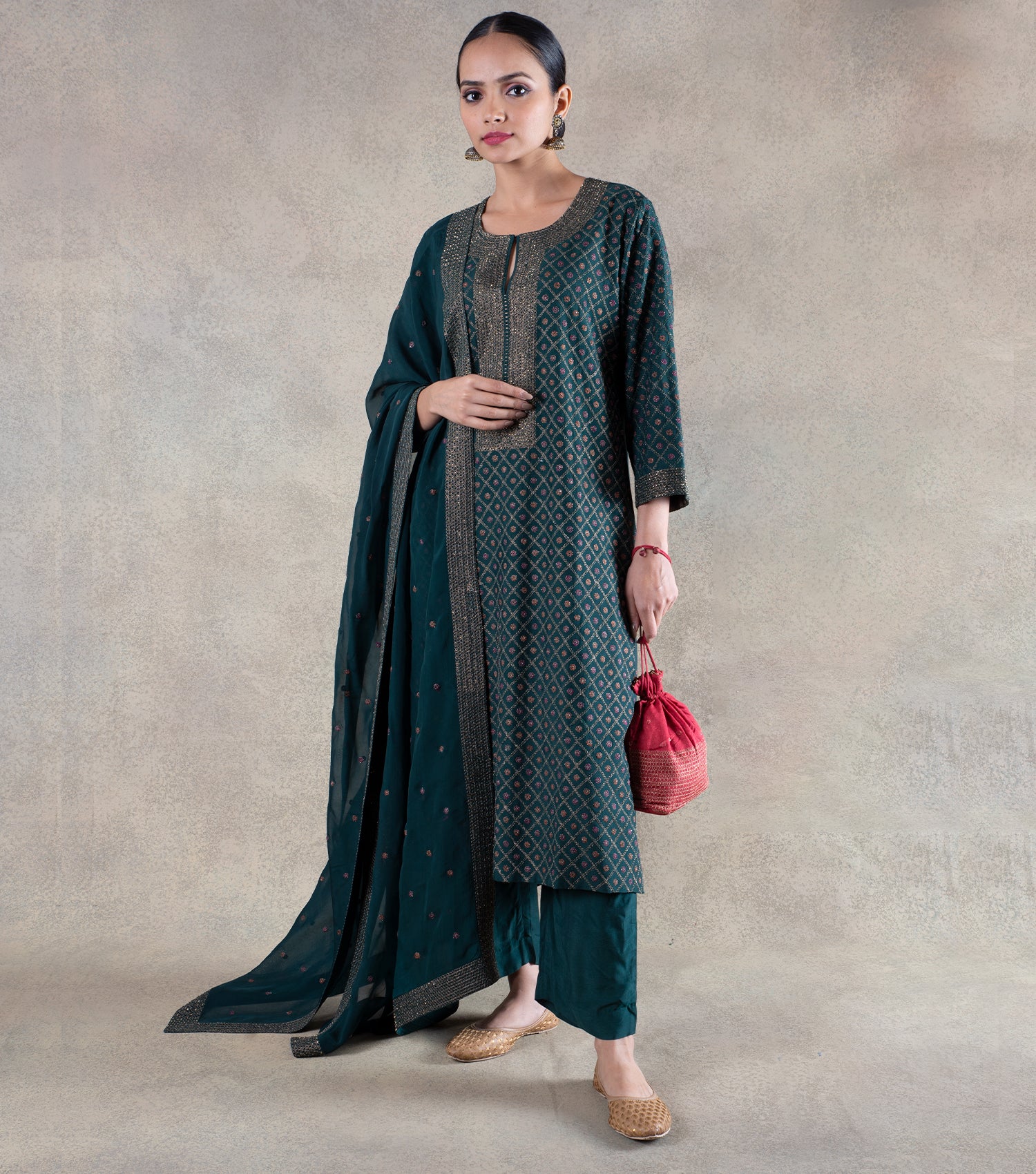 Emerald Green Silk Suit Set with Gold Motifs main image 0