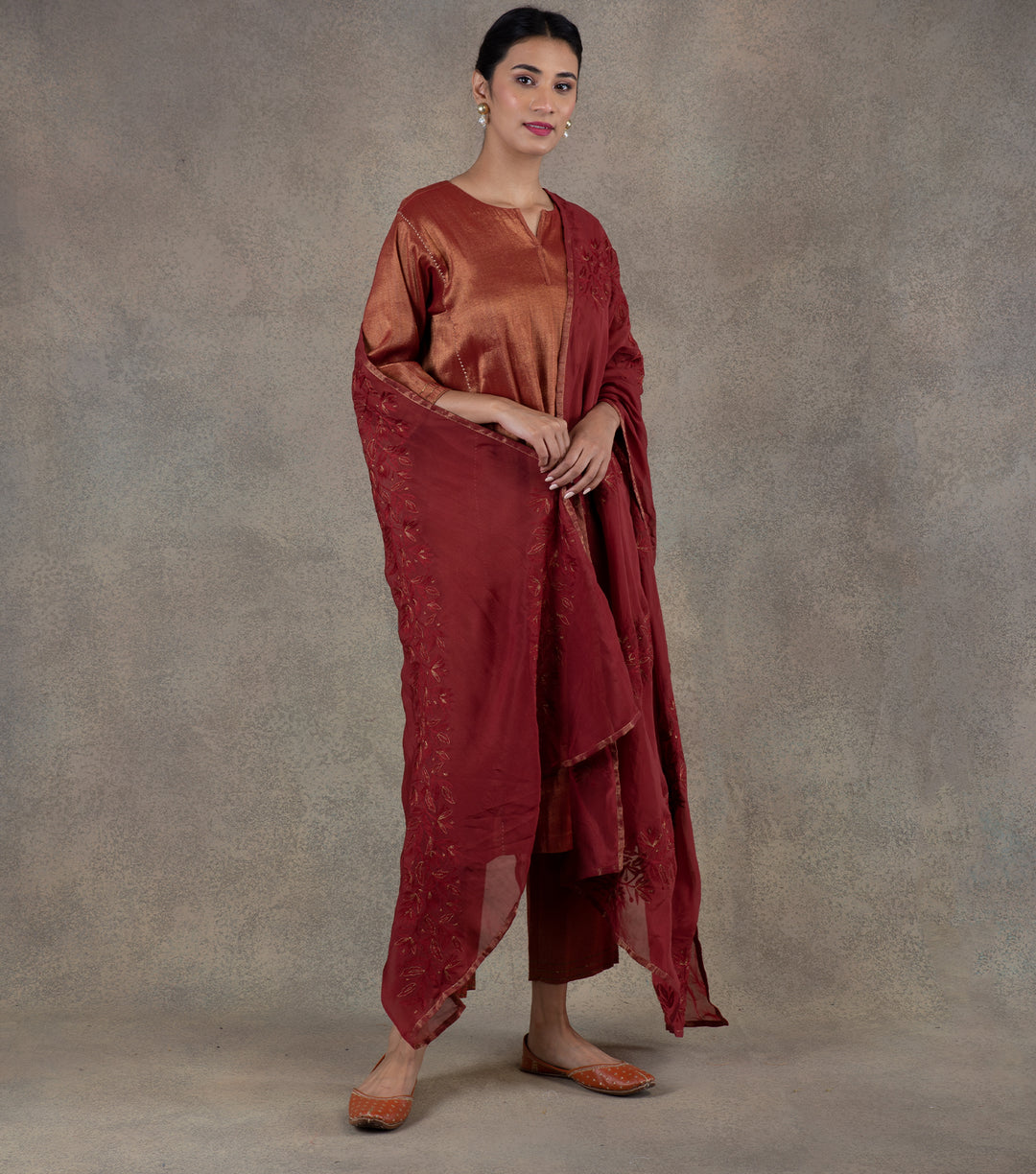 Red embroidered Organza dupatta