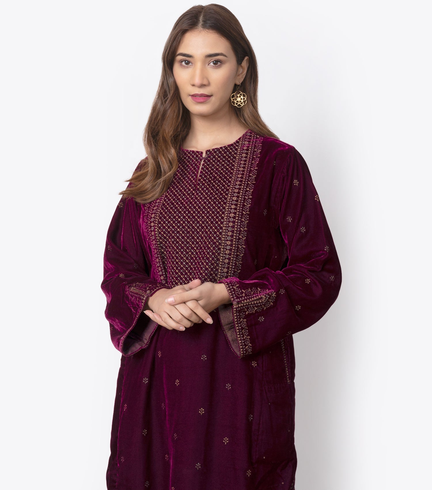 Kumani Velvet Wine Kurta Set