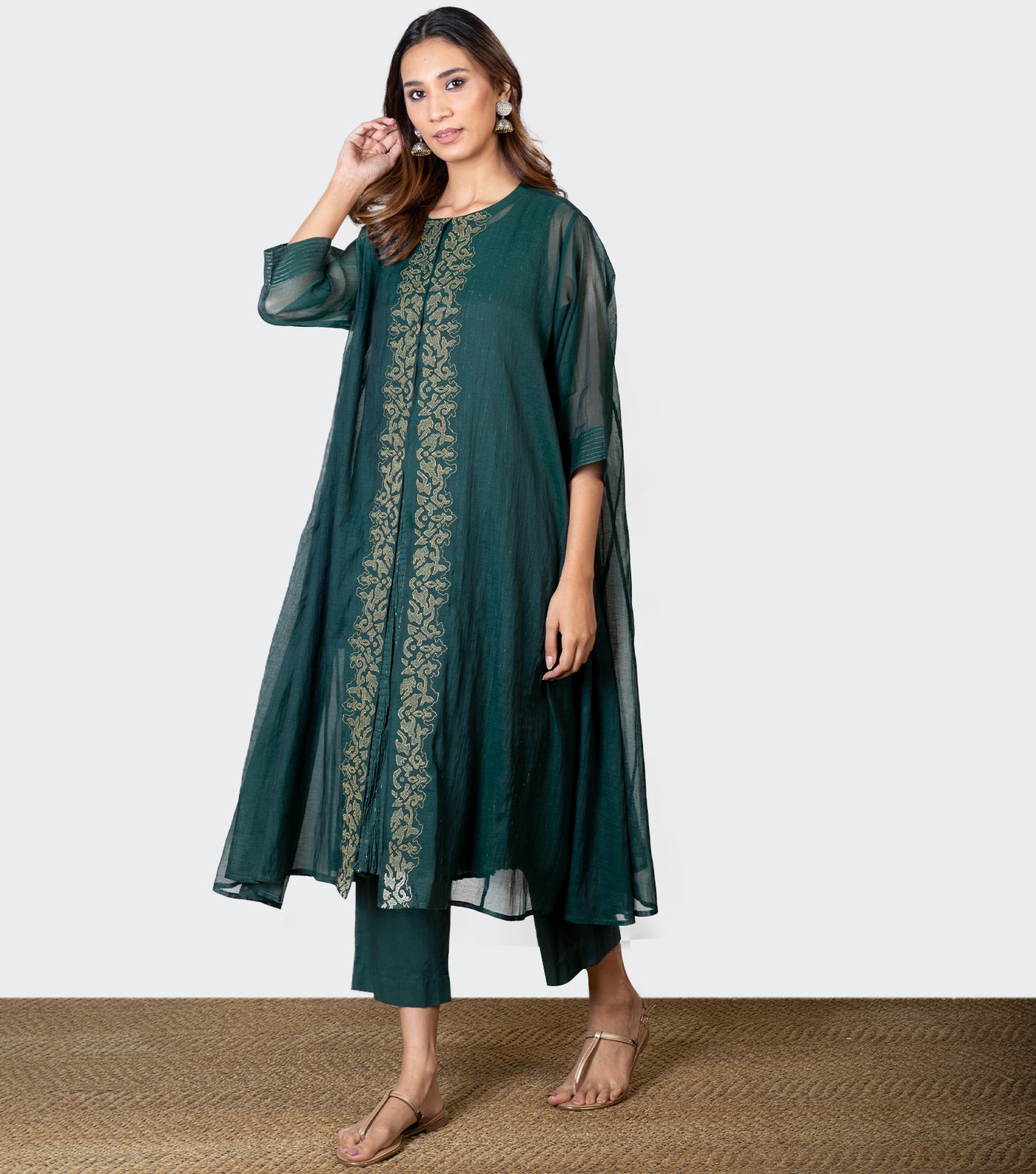 Emerald Green Embroidered Chanderi Cape & Pants Set