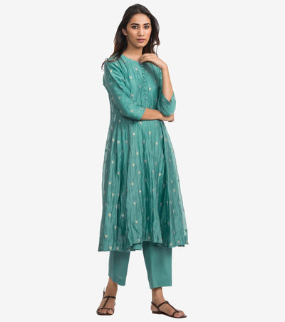 Green silk chanderi crinckled kurta & palazzo pants set