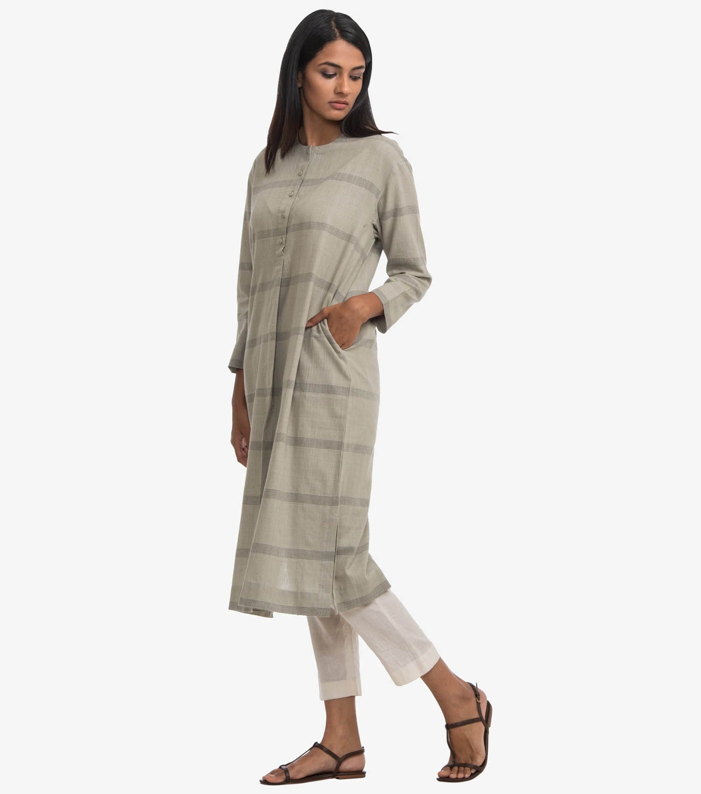 Grey khadi cotton striped kurta