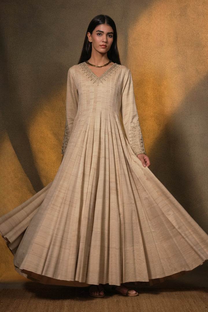 Beige Hand Embroidered Tussar Silk Gown