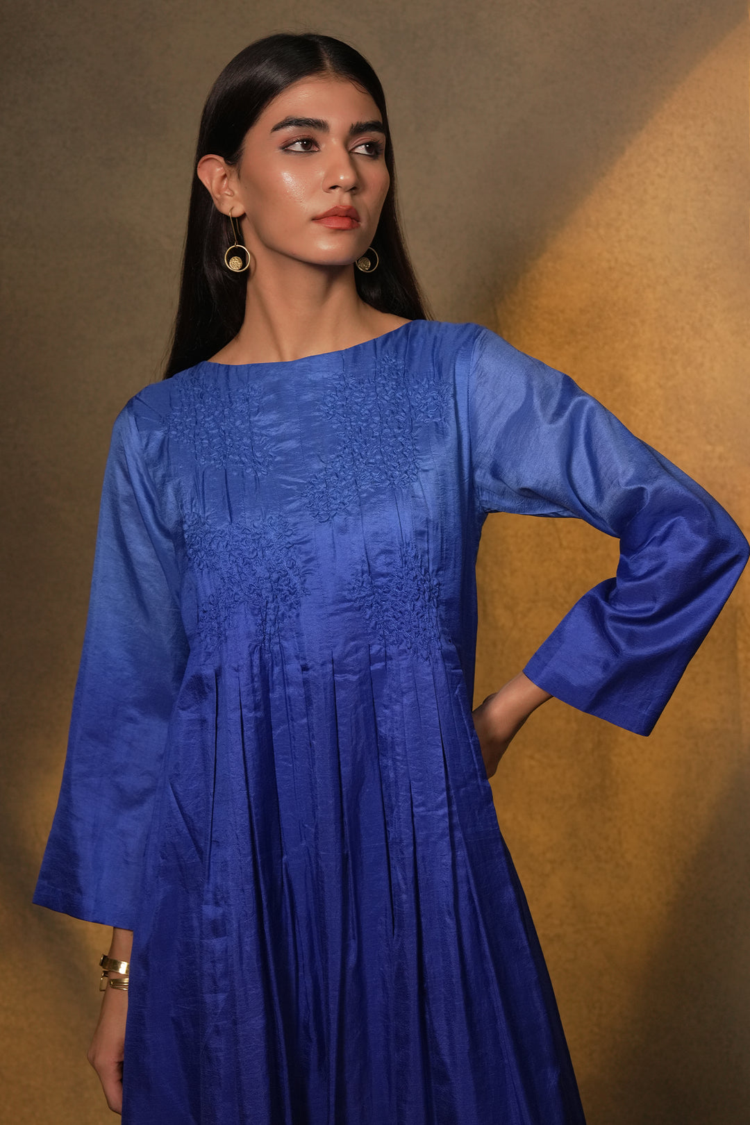 Blue Embroidered Silk Dress