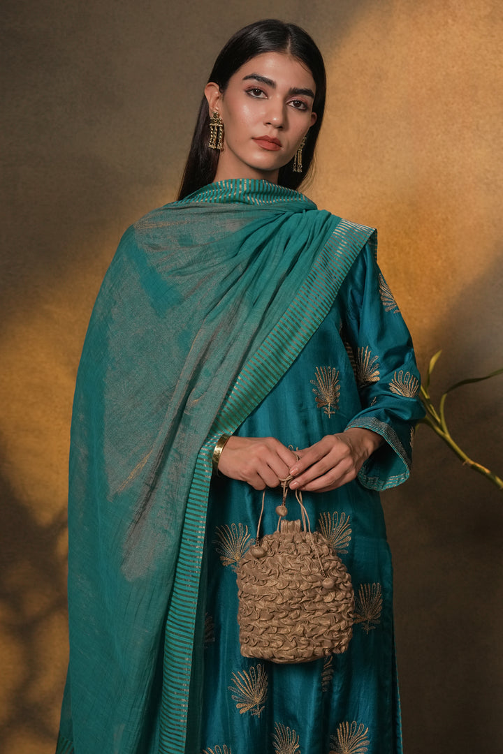 Teal Embroidered Tissue Dupatta