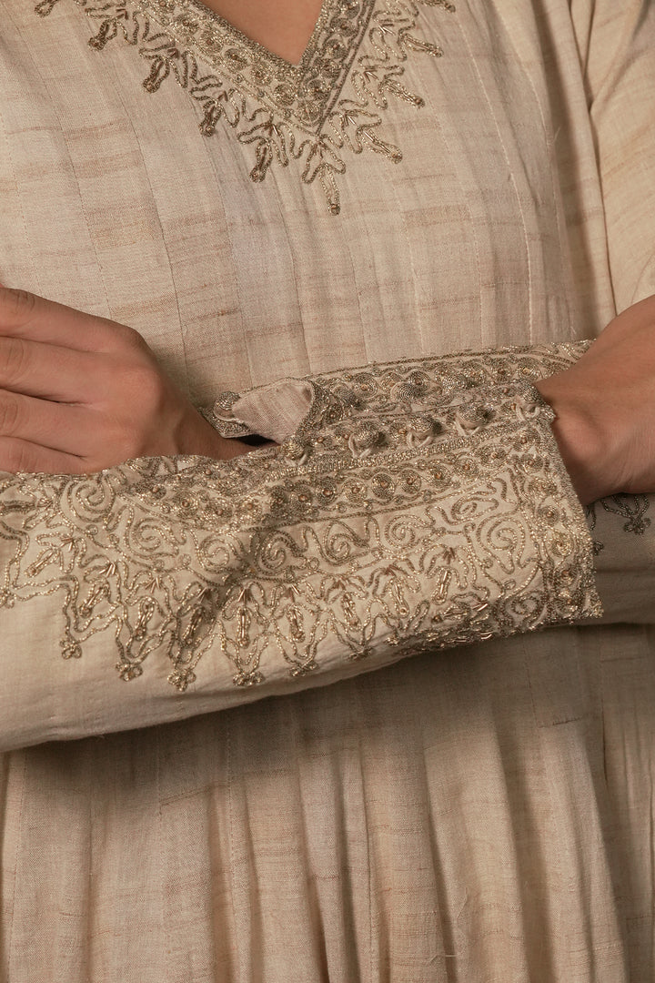 Beige Hand Embroidered Tussar Silk Gown