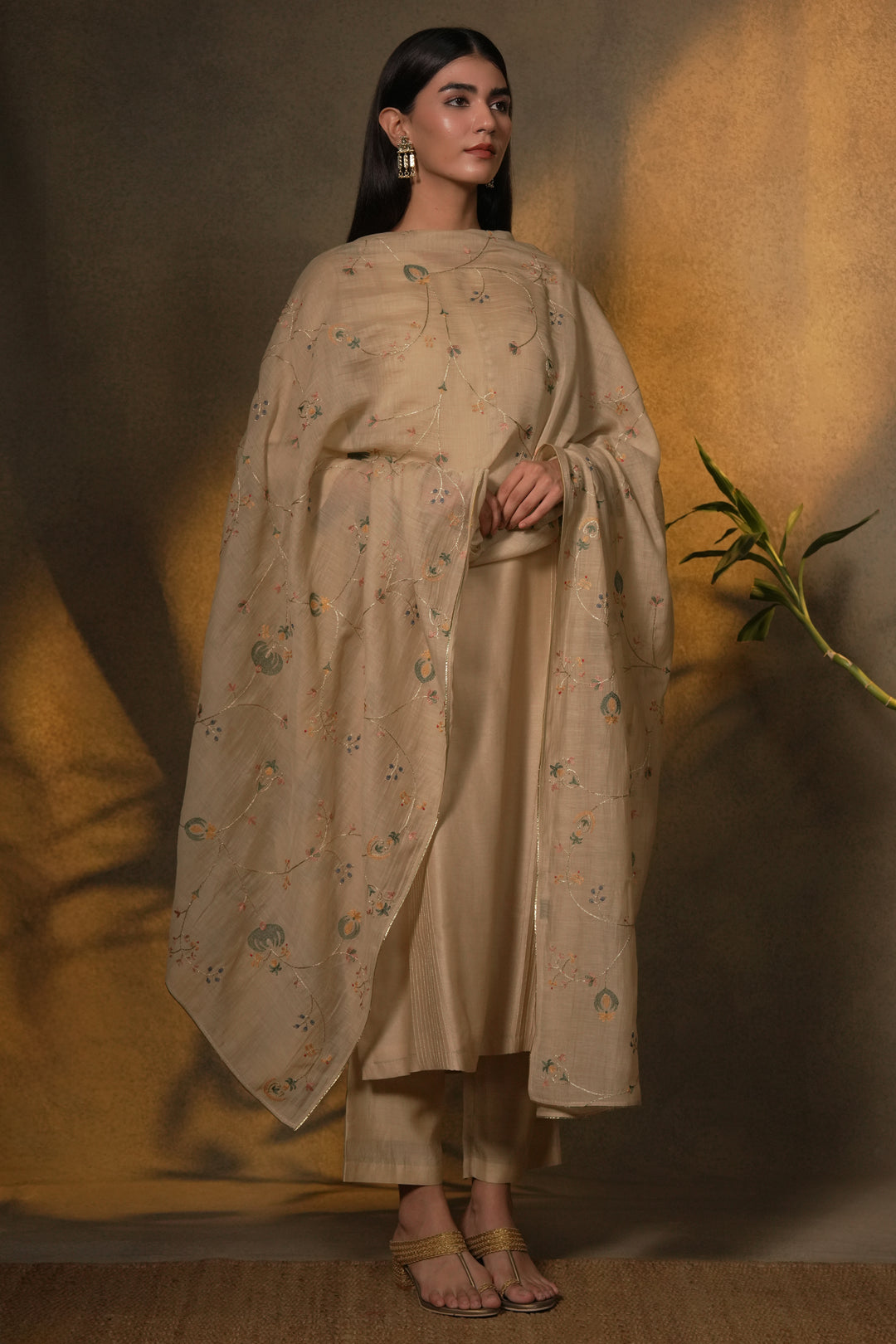 Beige Hand Embroidered Chanderi Dupatta