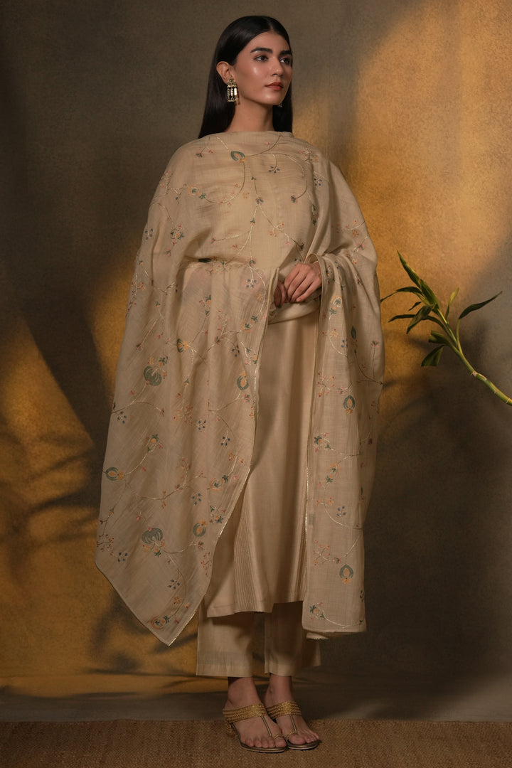 Beige Hand Embroidered Chanderi Dupatta