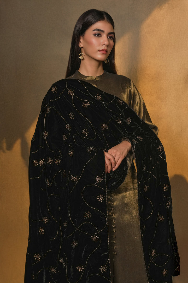 Black Tissue Kurta with Pants and Velvet Dupatta