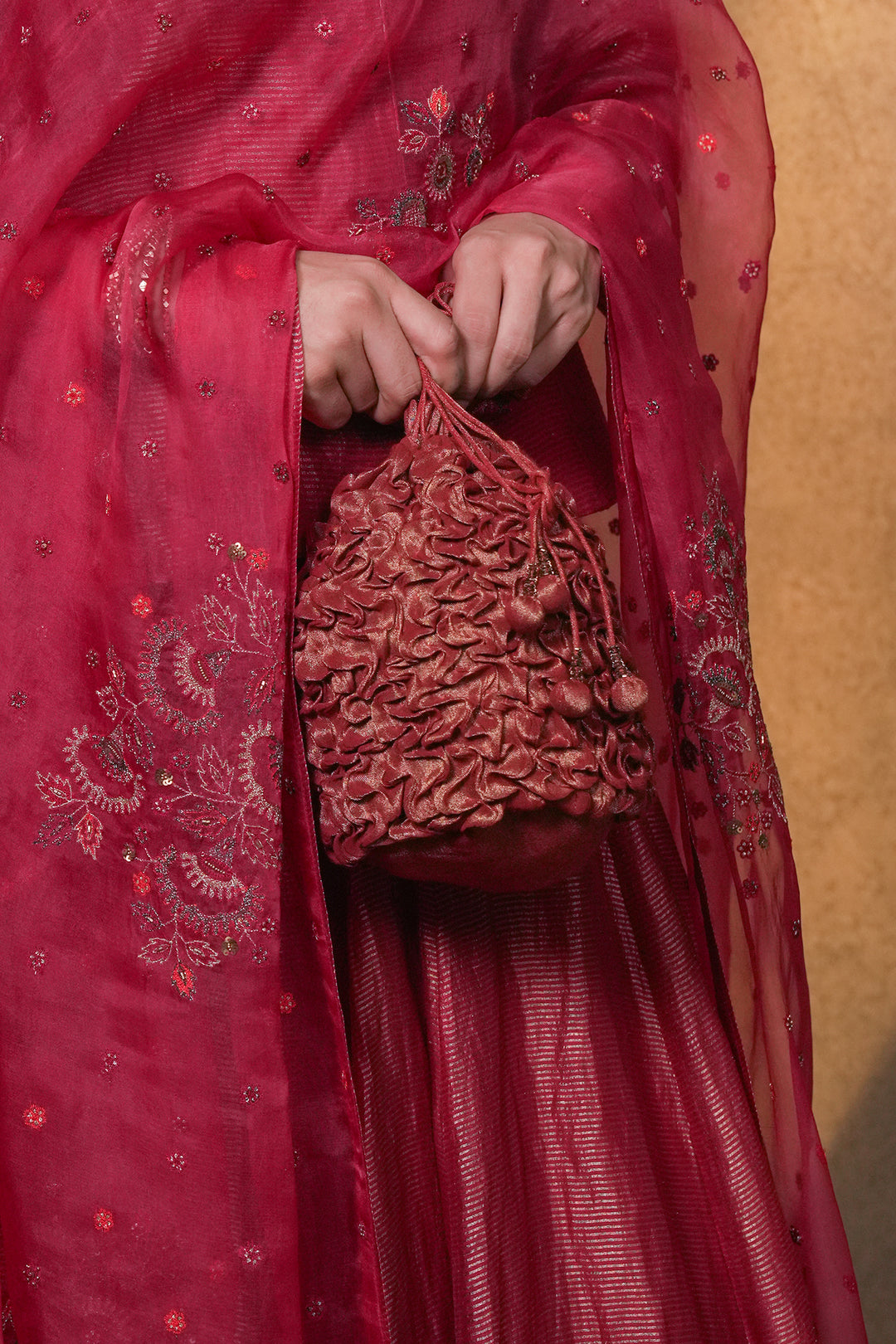 Maroon Hand Embroidered Tissue Potli