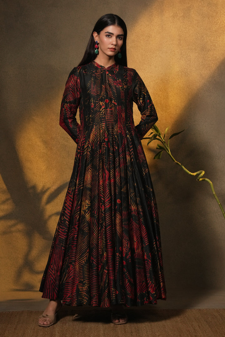 Black & Red Hand Dyed Shibori Silk Gown