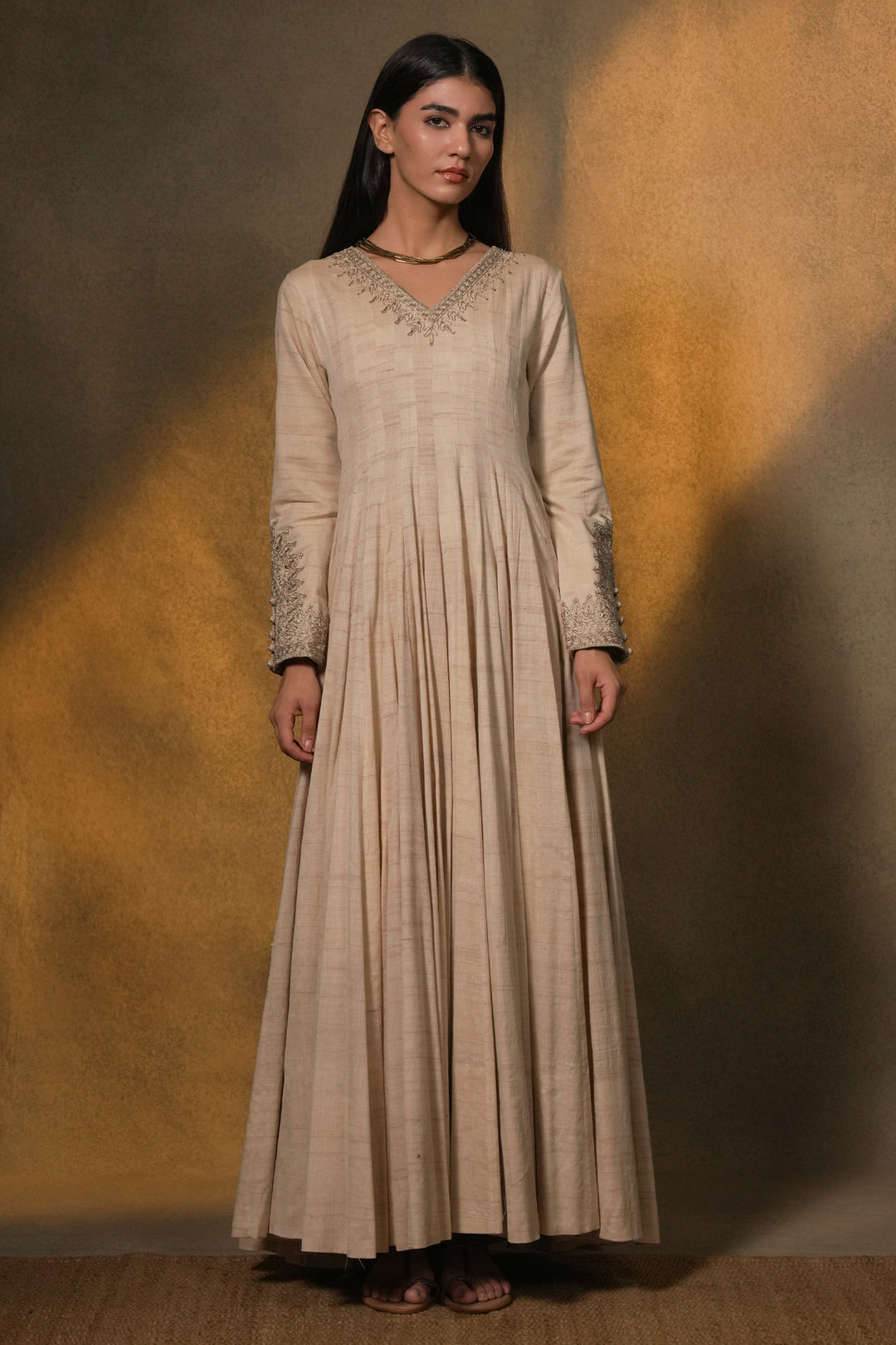 Beige Hand Embroidered Tussar Silk Gown