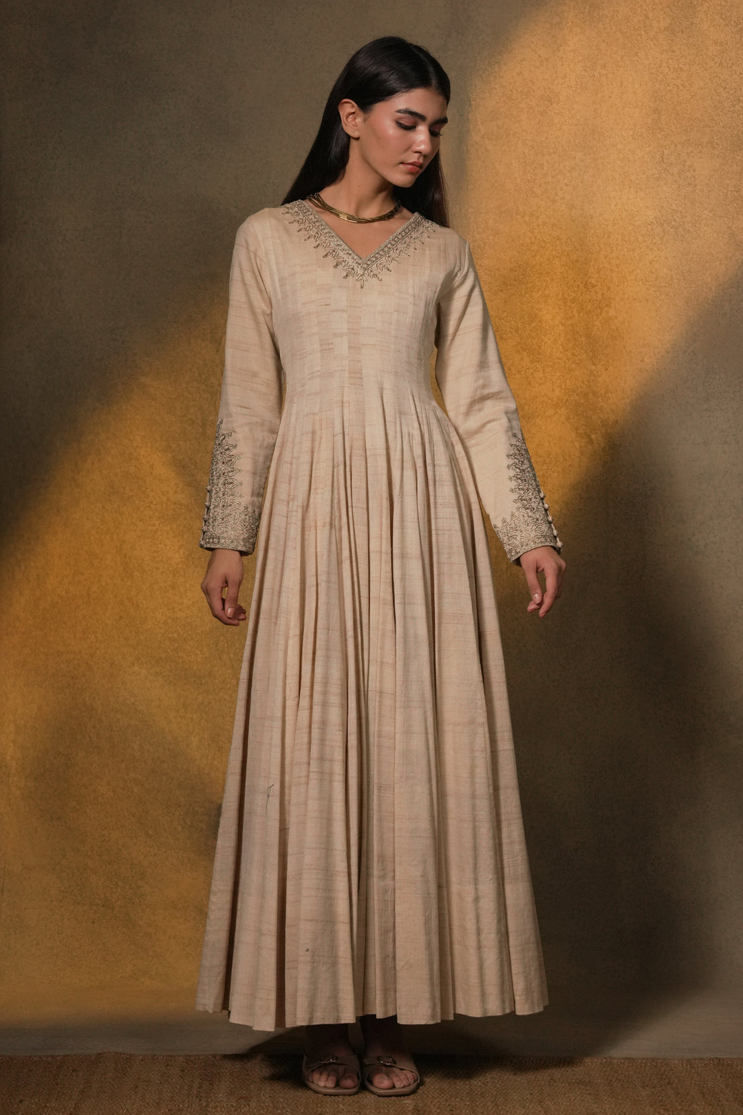 Beige Hand Embroidered Tussar Silk Gown