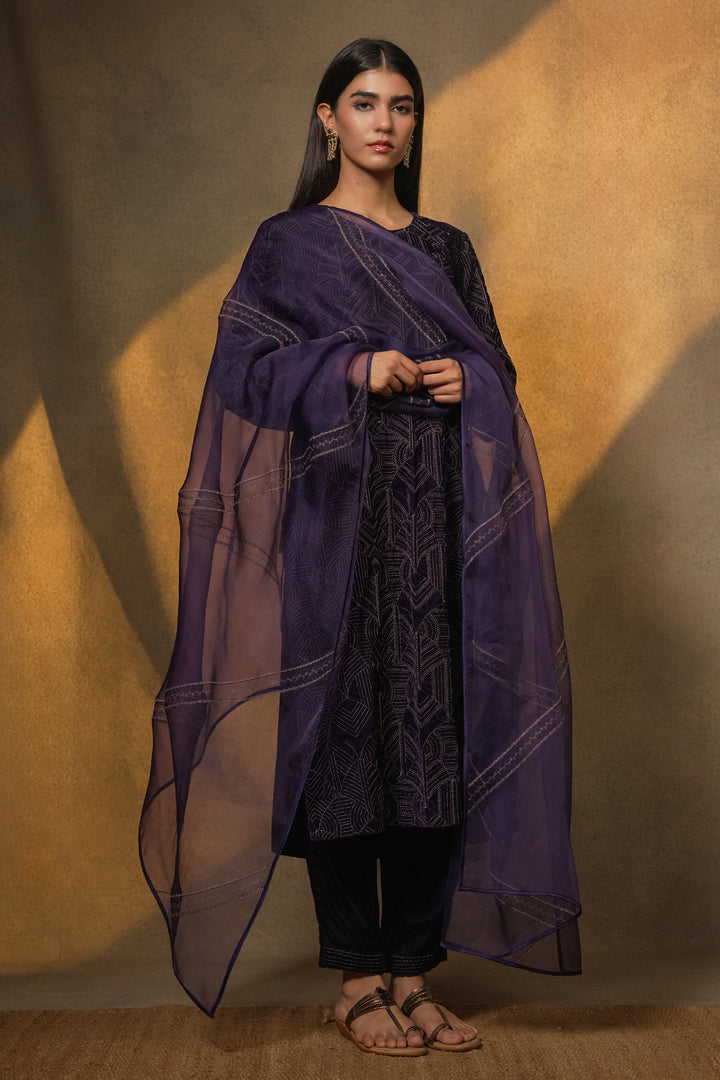 Purple Hand Embroidered Organza Dupatta