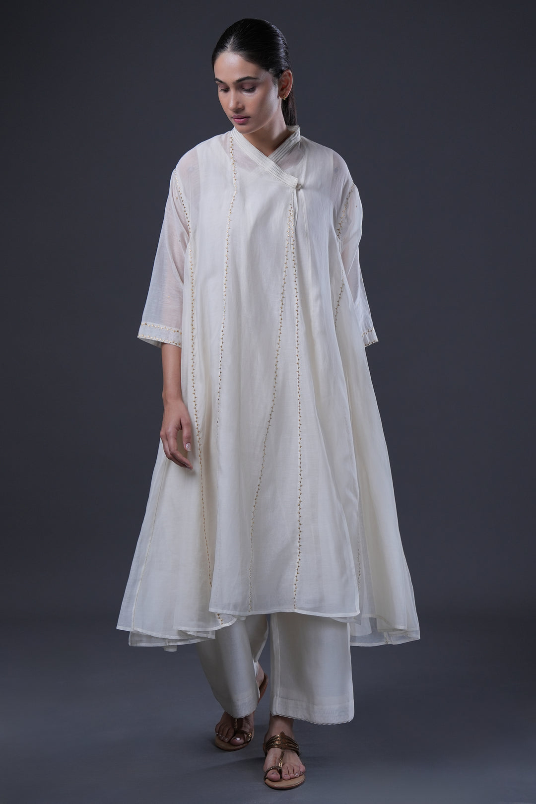 Natural Embroidered Chanderi Choga