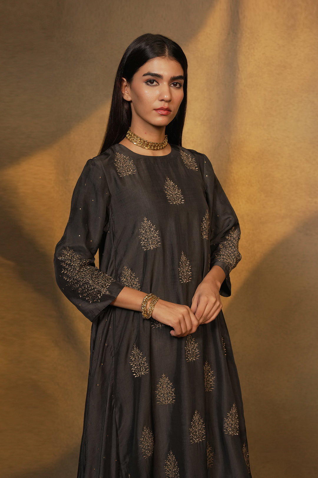 Charcoal Hand Embroidered Cotton Silk Kurta with Pants and Dupatta