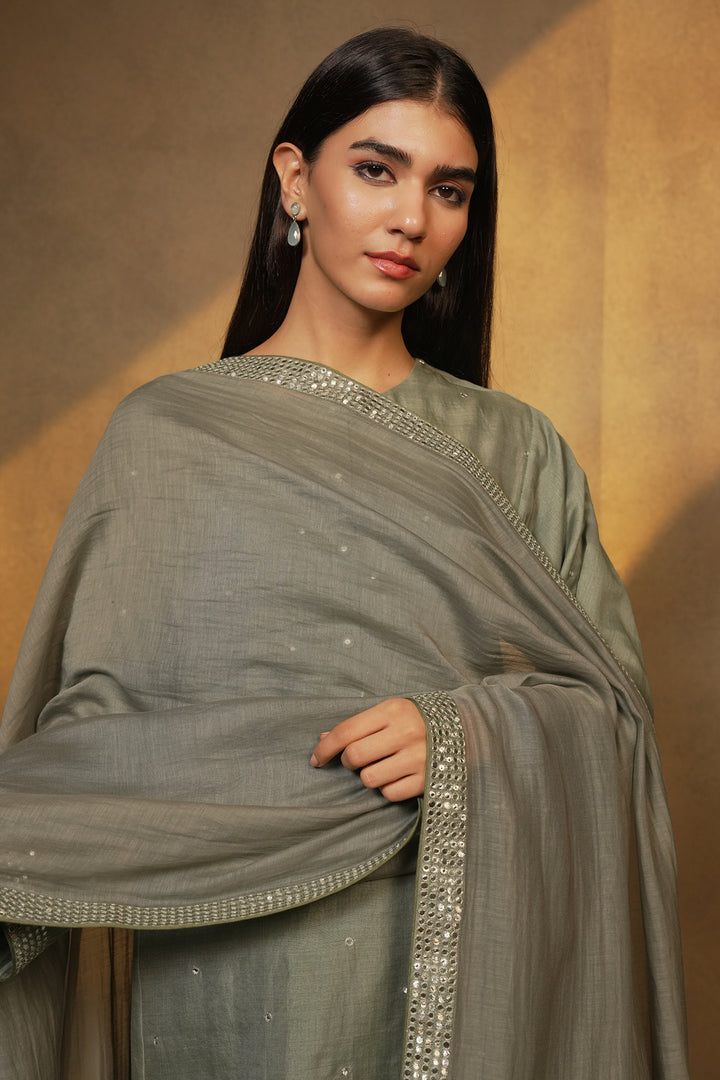 Moss Green Chanderi Kurta with Pants and Dupatta