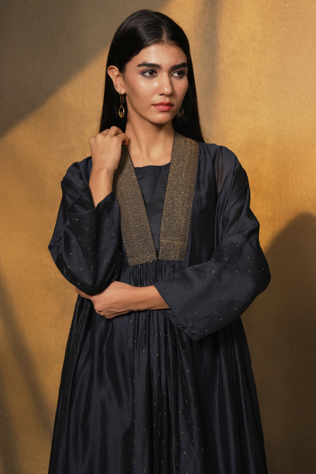 Navy Embroidered Chanderi Cape with Slip and Pants