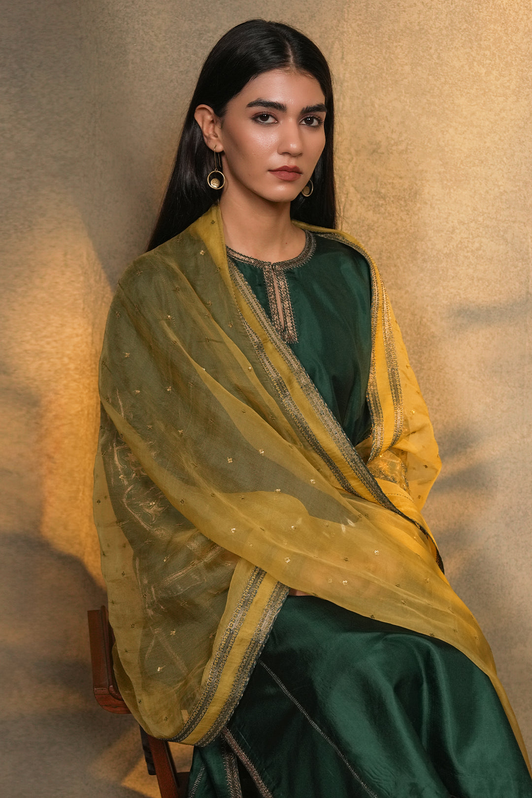 Lime Yellow Hand Embroidered Organza Dupatta