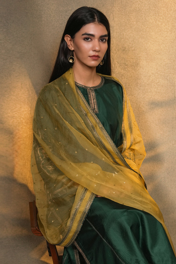 Lime Yellow Hand Embroidered Organza Dupatta