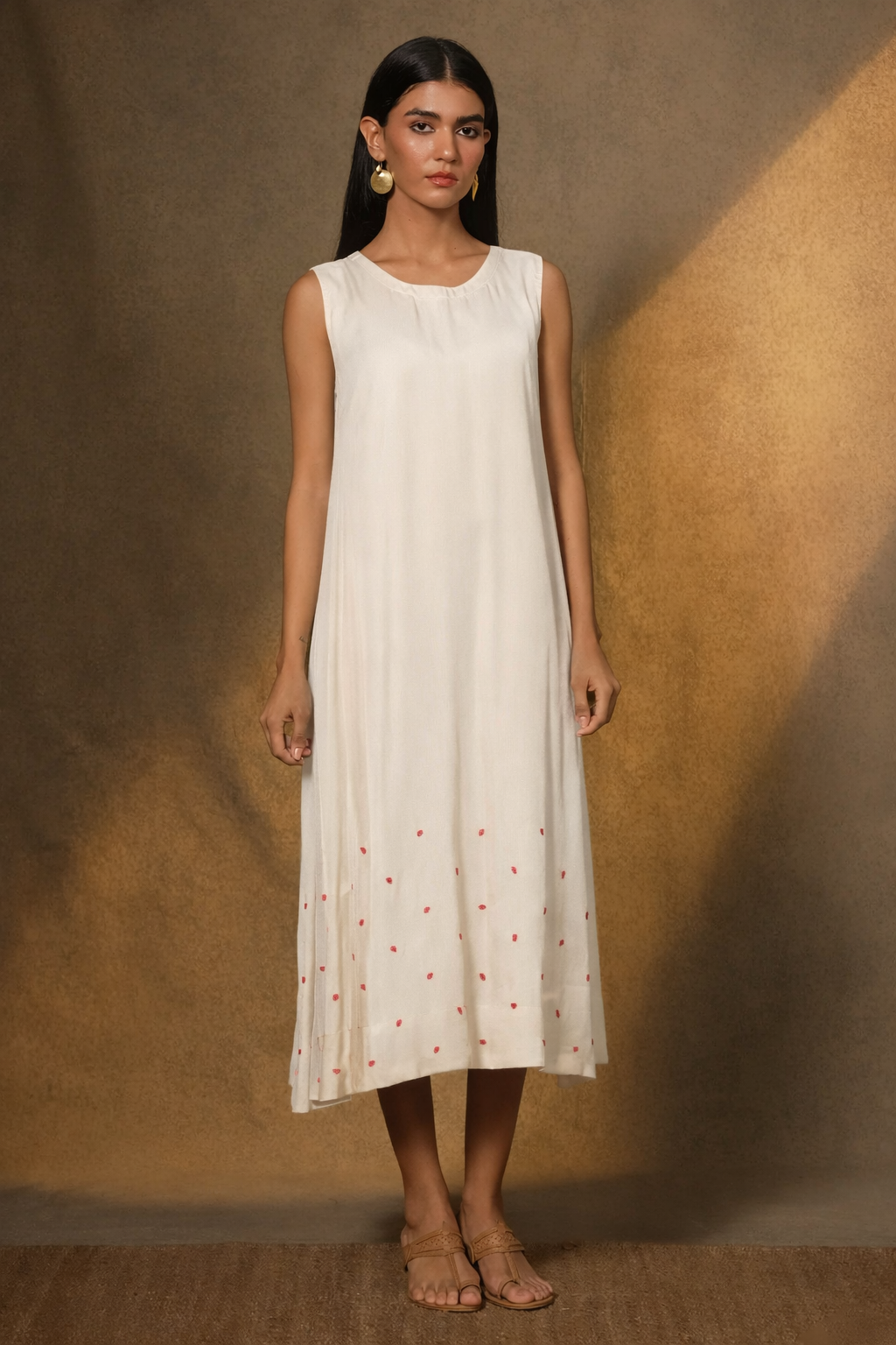 White Embellished Satin Sleeveless Midi Dress
