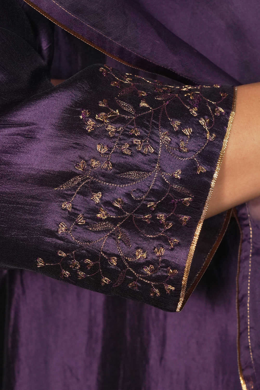 Purple Embroidered Silk Kurta with Pants and Organza Dupatta