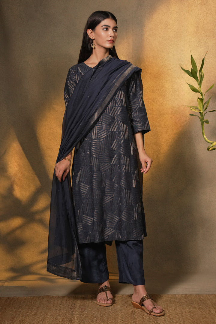 Navy Embroidered Cotton Silk Kurta with Pants and Dupatta