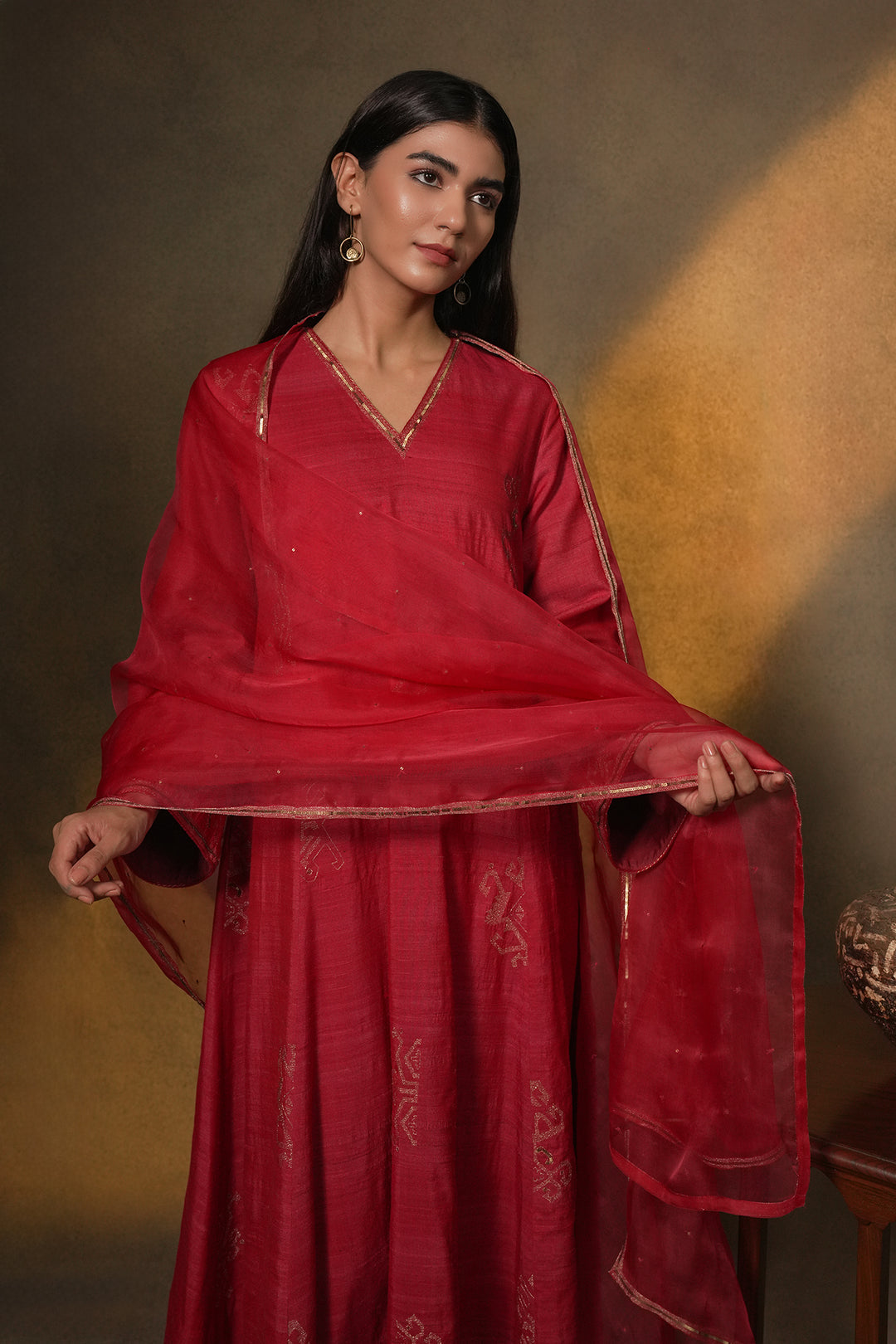 Hot Pink Hand Embroidered Silk Kurta with Organza Dupatta