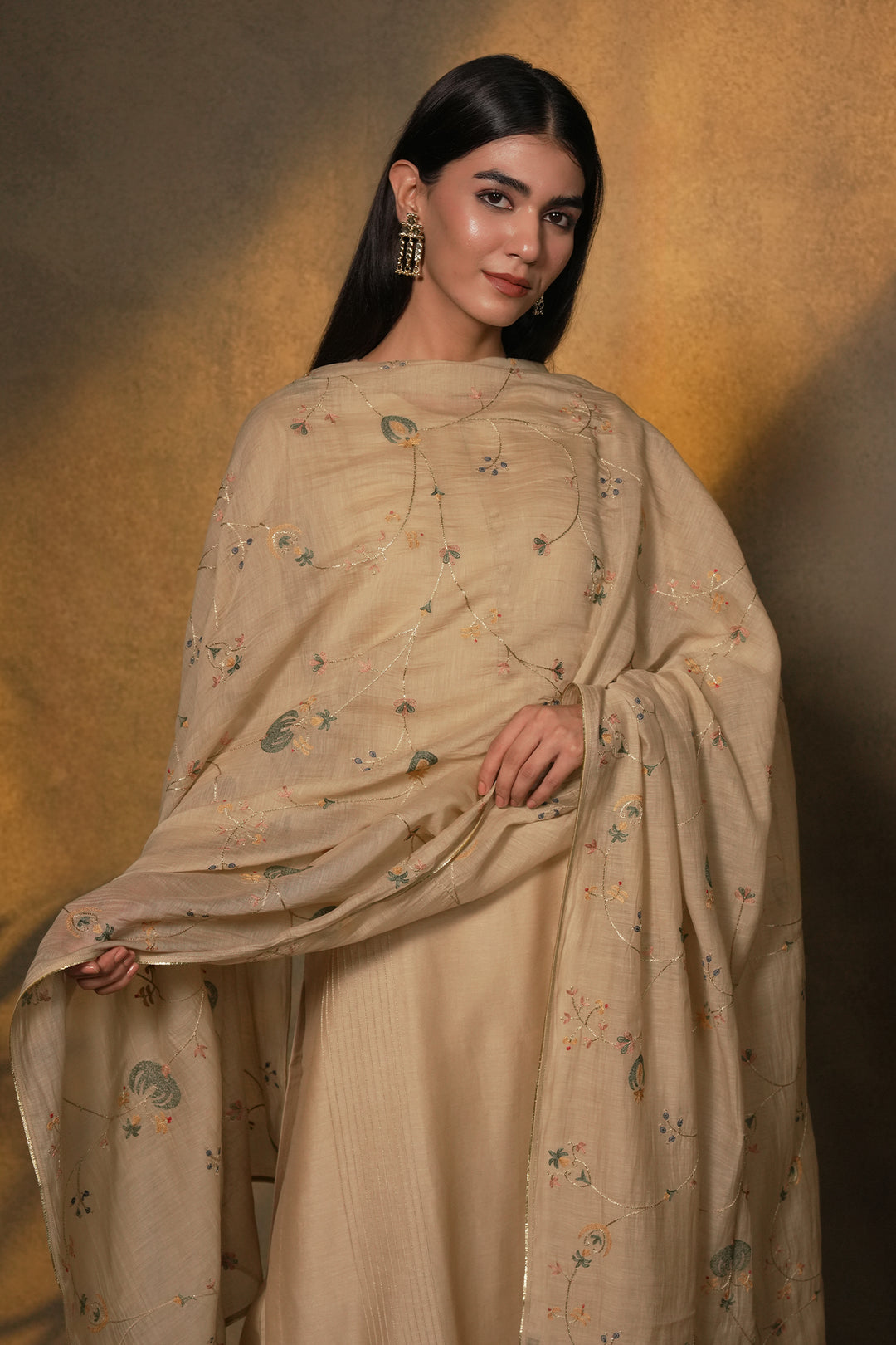 Beige Chanderi Kurta with Pants and Hand Embroidered Dupatta