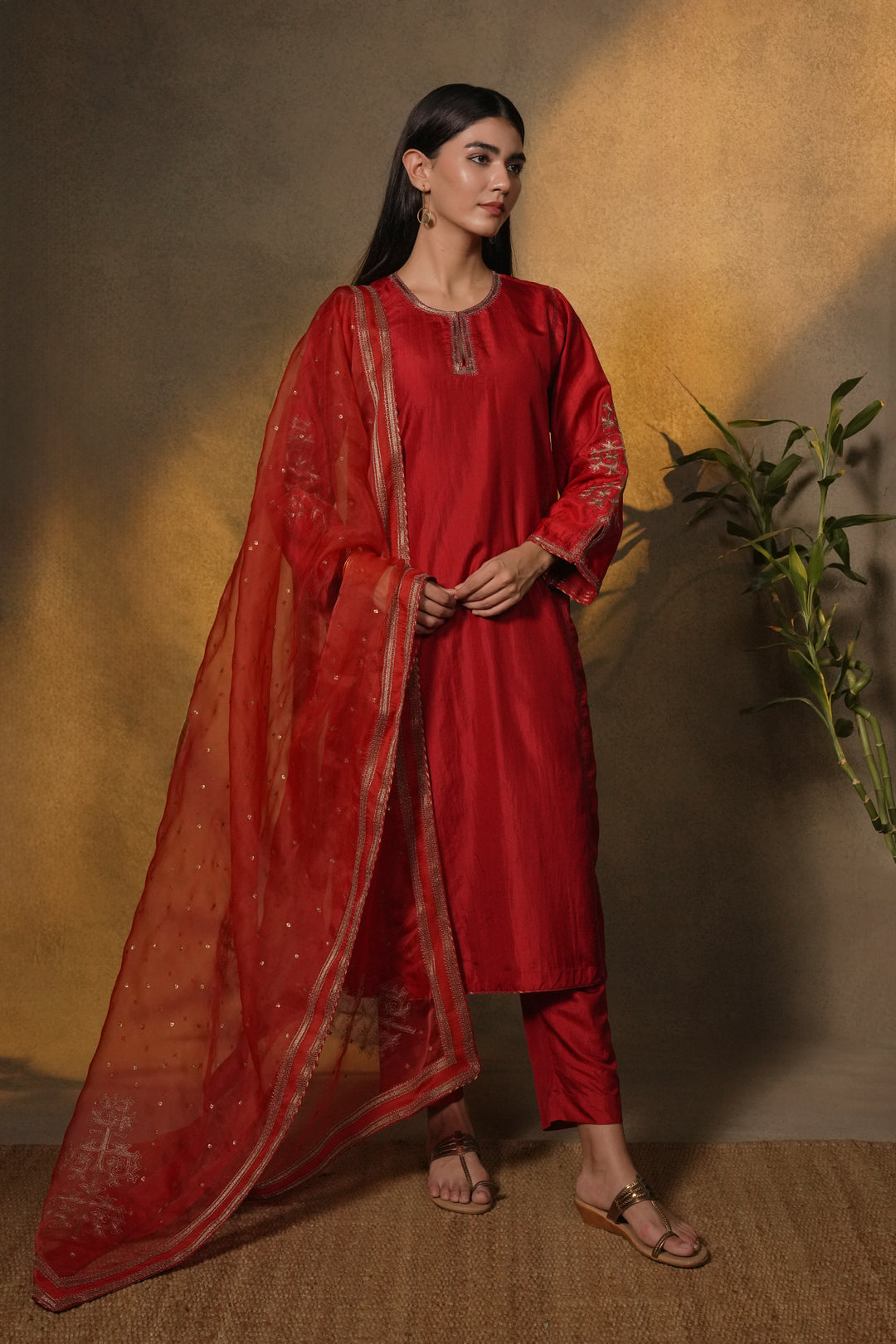 Red Embroidered Silk Kurta with Pants and Organza Dupatta