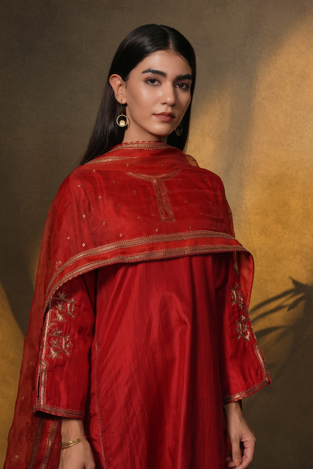 Red Embroidered Silk Kurta with Pants and Organza Dupatta