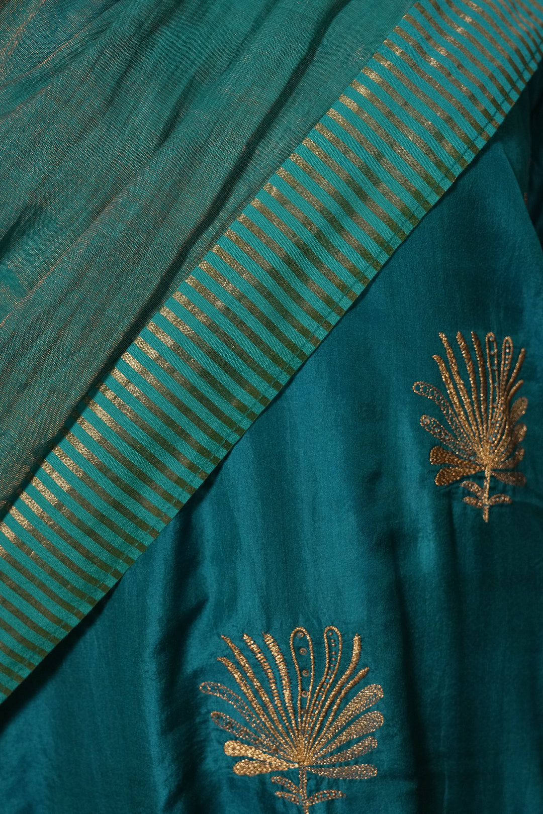 Teal Hand Embroidered Silk Kurta with Pants and Dupatta