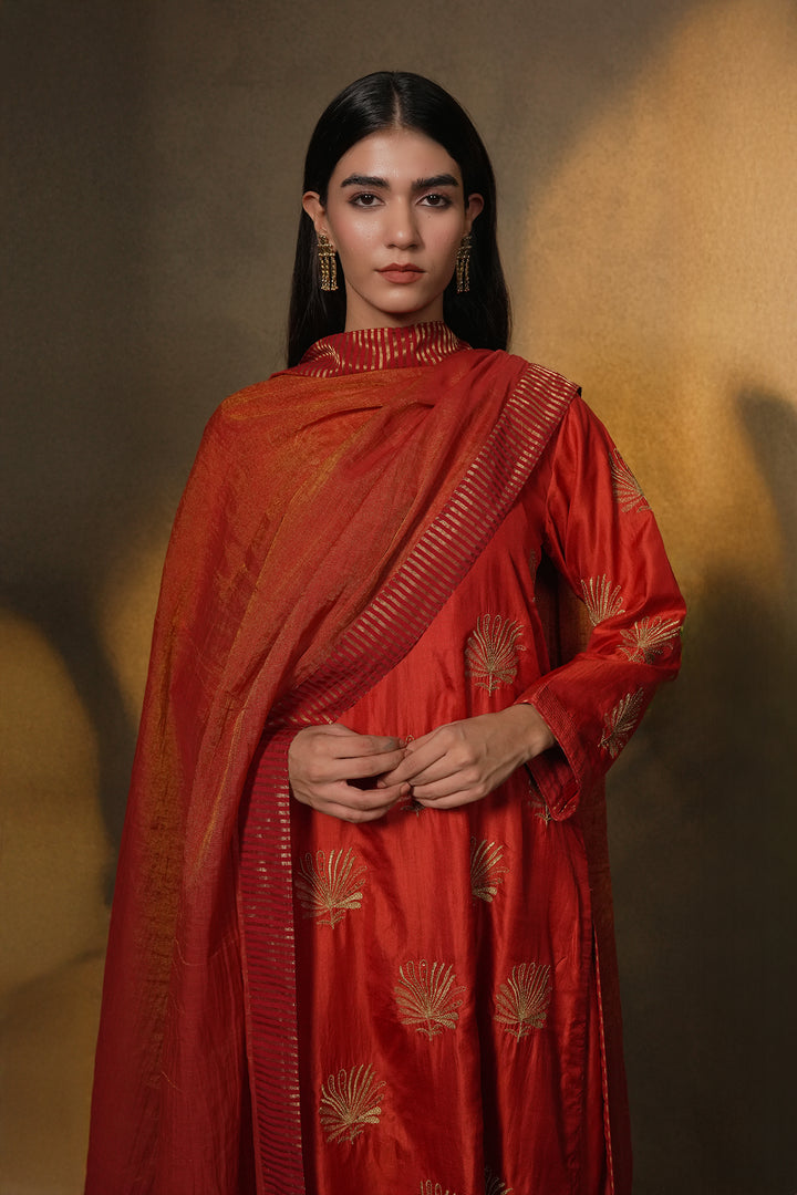 Orange Embroidered Tissue Dupatta